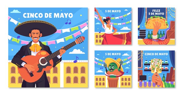 Colección de publicaciones planas de Instagram para cinco de mayo