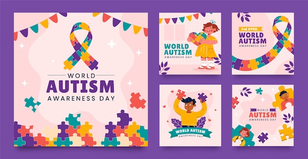 Vector colección de publicaciones planas en instagram para el día mundial de la concienciación sobre el autismo