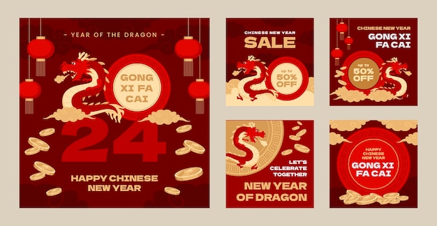 Colección de publicaciones planas de Instagram para el festival del año nuevo chino