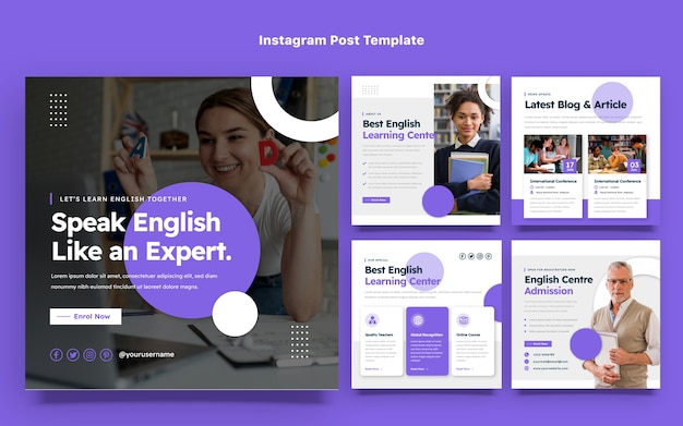 Vector colección de publicaciones planas de instagram para lecciones de aprendizaje de inglés