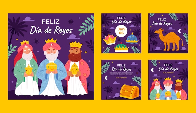 Colección de publicaciones planas de Instagram para reyes magos