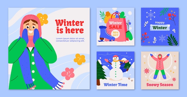 Vector colección de publicaciones planas de instagram para la temporada de invierno.