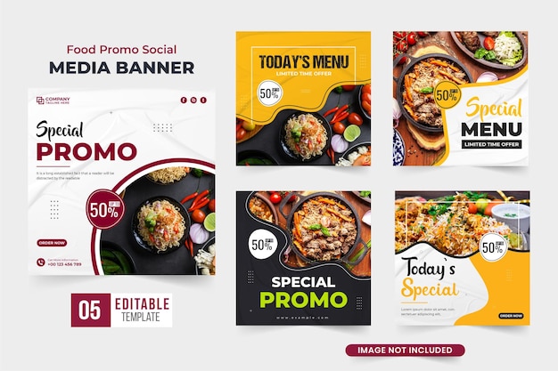 Colección de publicaciones en redes sociales de promoción de alimentos con vino tinto y colores amarillos diseño de conjunto de banners web promocionales de menú de alimentos especiales para marketing en redes sociales vector de paquete de póster de menú de comida de restaurante