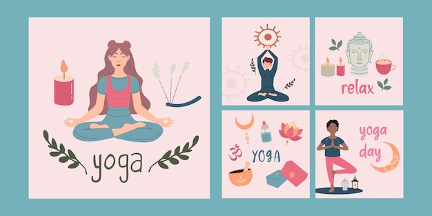 Vector colección de publicaciones de yoga de estilo plano en instagram