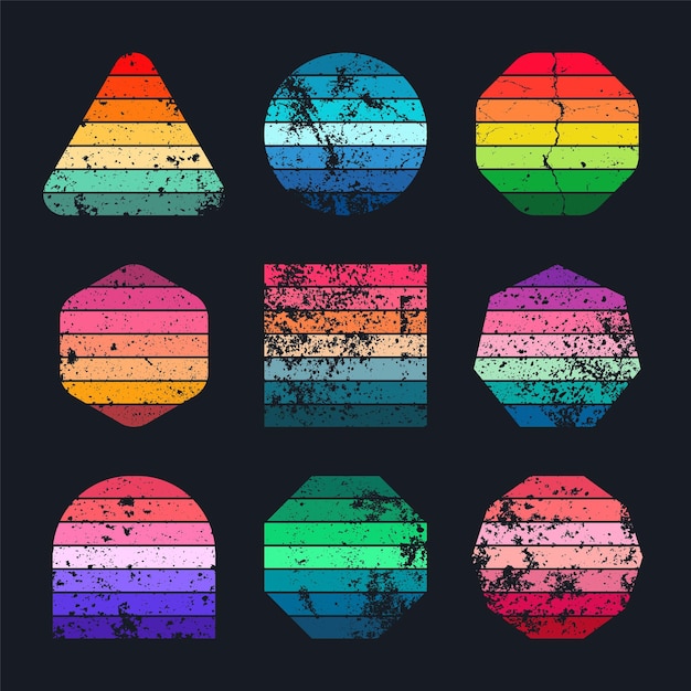 Colección de puesta de sol vintage grunge Varias insignias de amanecer a rayas coloridas en estilo de los años 80 y 90 Visión al sol y al océano vibraciones de verano surf Elemento de diseño Impresión de logotipo o camiseta Ilustración vectorial
