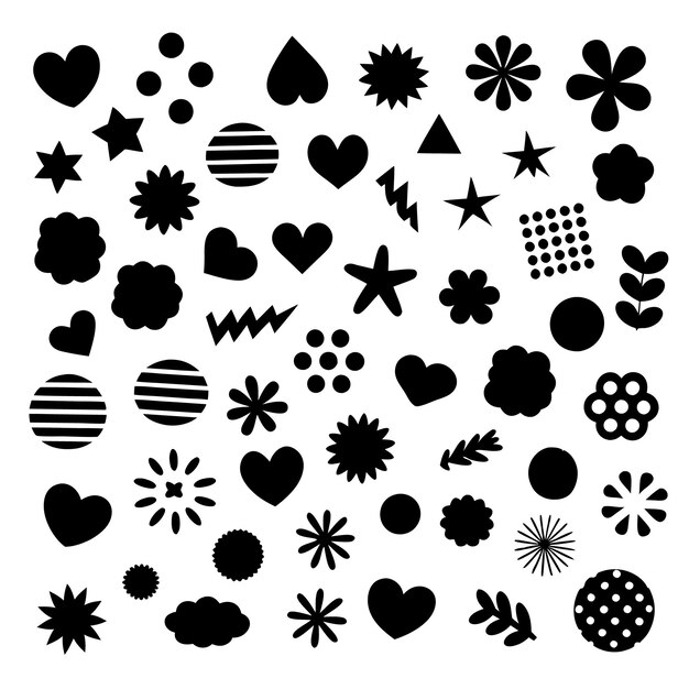 una colección de puntos de polca blancos y negros y flores
