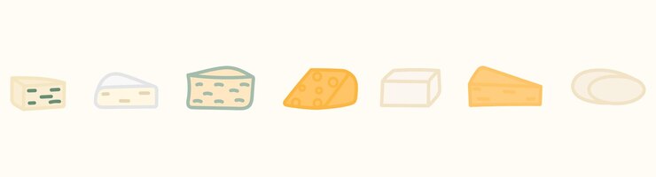 Vector colección de quesos dibujados a mano. juego dorblue, feta, mozzarella, cheddar, camembert.