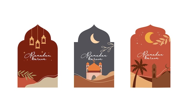 Colección de Ramadan Kareem con marco islámico y diseño moderno estilo boho