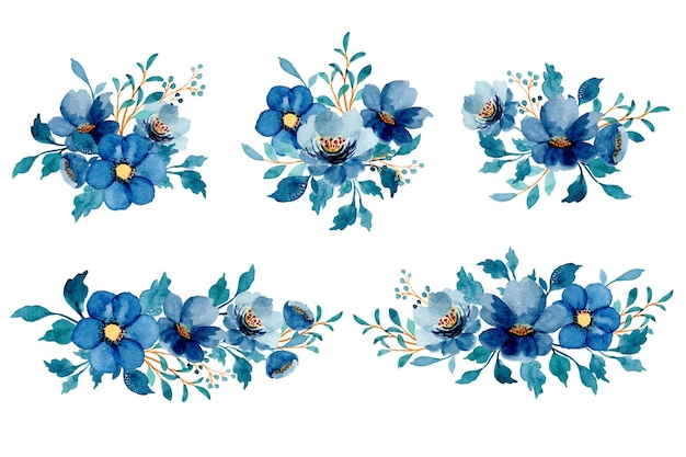 Vector colección de ramo floral azul acuarela