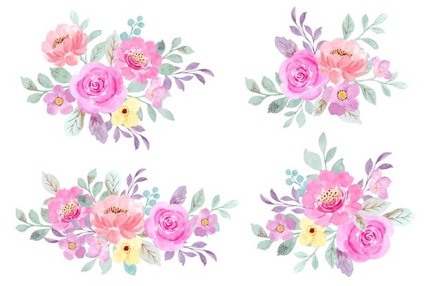 Vector colección de ramo floral rosa con acuarela