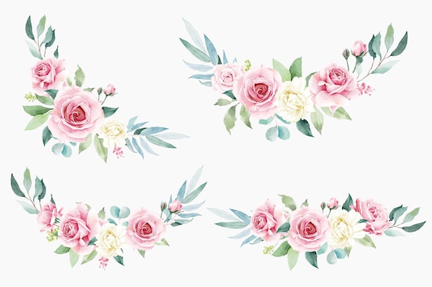 Colección de ramos de flores rosas en acuarela