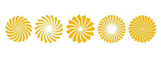 Colección de rayos de sol rizados dorados Elementos giratorios radiales estilizados Redondo geométrico amarillo retorcido