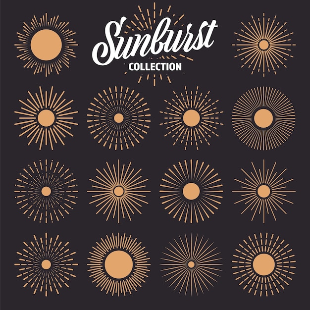 Colección de rayos de sol vintage dibujados a mano con rayos de luz solar explosivos logotipo o letras