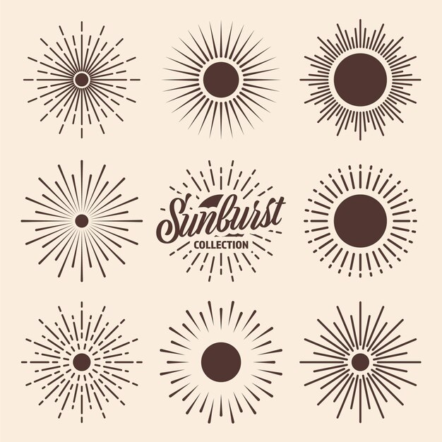 Colección de rayos de sol vintage dibujados a mano con rayos de luz solar explosivos logotipo o letras