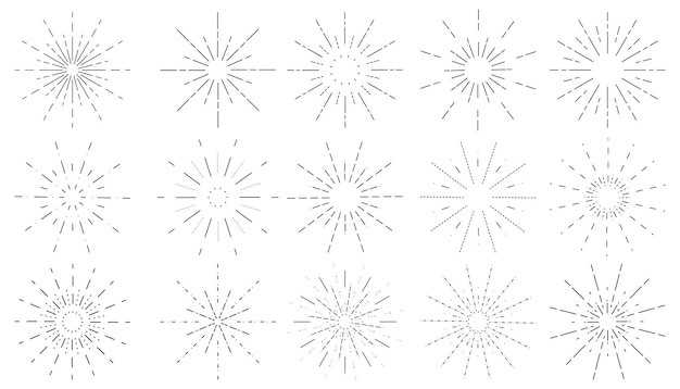Colección de rayos de sol vintage redondos Fuegos artificiales hipster de línea delgada o elementos de diseño de estrellas estallantes