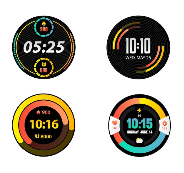 Colección realista de caras de reloj inteligente digital y analógica, aislada en fondo blanco