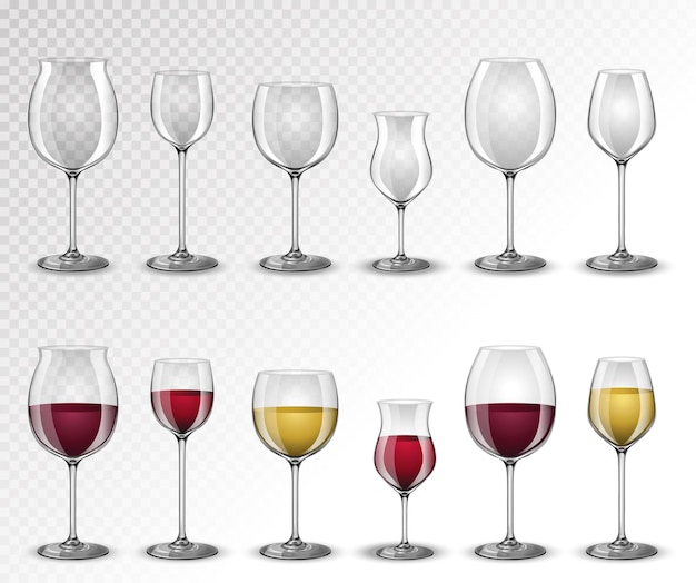 Vector colección realista de diferentes tipos de copas de vino para copas de vino tinto, blanco y rosa.