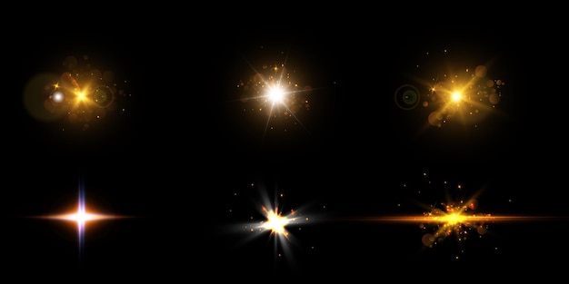 Colección realista de efectos de luz brillantes estrellas brillantes sobre fondo transparente para el vector