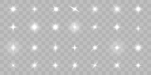 Colección realista de estrellas brillantes de efectos de luz brillante sobre fondo transparente para el vector