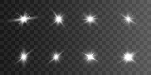 Colección realista de estrellas brillantes de efectos de luz brillante sobre fondo transparente para el vector