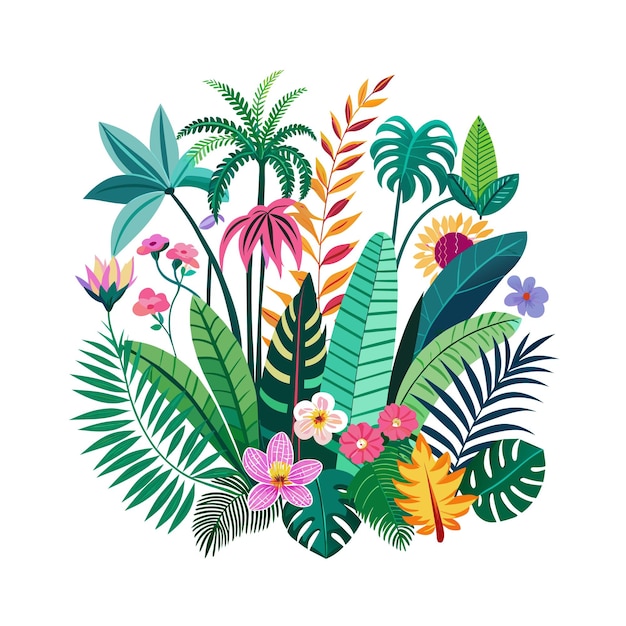 Una colección realista de hojas y flores de plantas en el concepto de ilustración vectorial de la selva