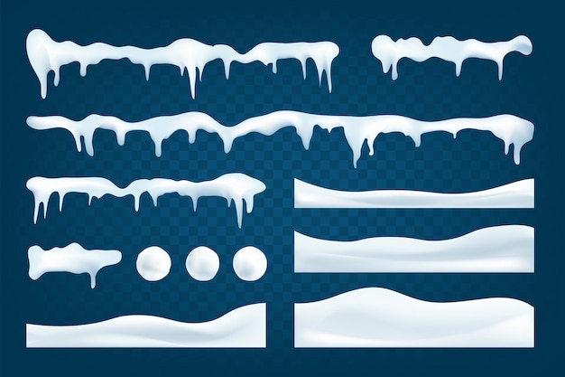 Colección realista de manchas de nieve Fondo abstracto nevado de invierno Paisaje congelado con capas de hielo de nieve Decoración para Navidad o Año Nuevo Ilustración vectorial