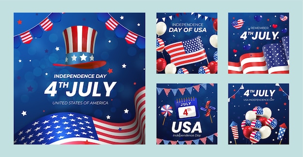 Colección realista de publicaciones de instagram del 4 de julio
