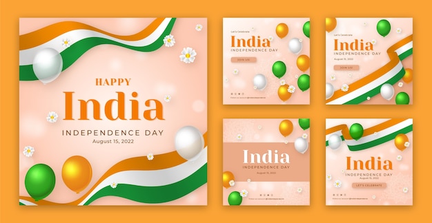 Colección realista de publicaciones de instagram del día de la independencia de la india