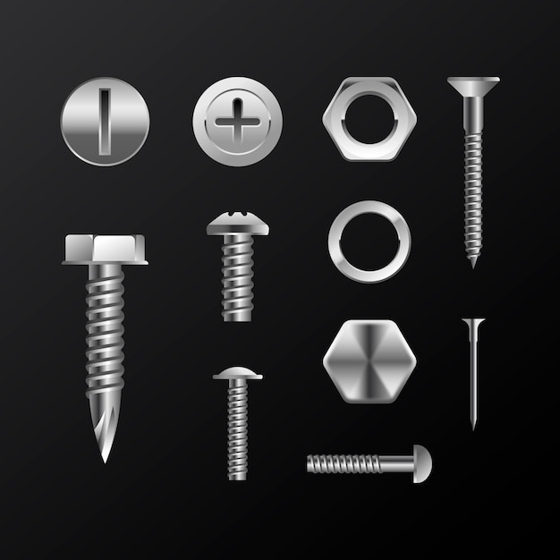 Colección realista de tuercas y tornillos.
