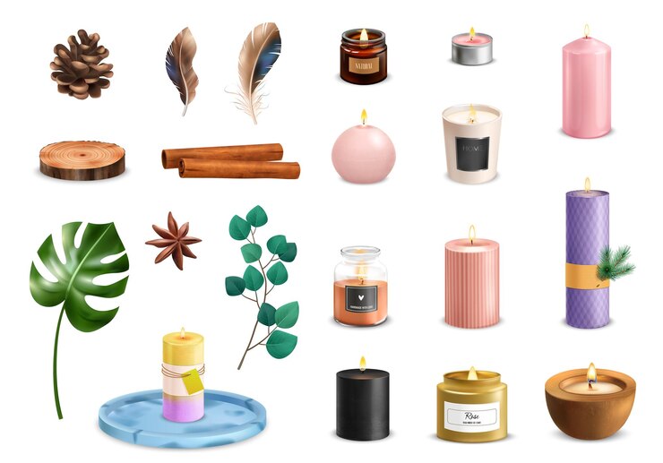 Vector colección realista de velas aromáticas y objetos naturales para la decoración del hogar aislado en la ilustración de vector de fondo blanco