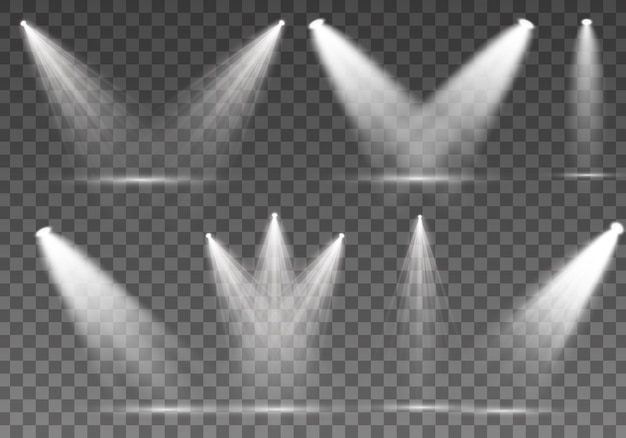 Colección de reflectores para iluminación escénica, efectos transparentes de luz. Hermosa iluminación brillante con focos. Conjunto de foco blanco aislado.