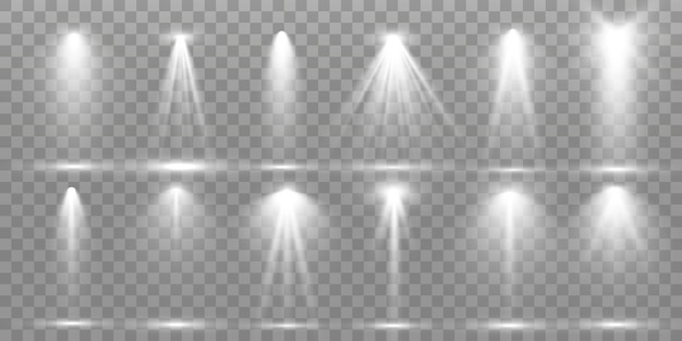 Colección de reflectores para iluminación escénica, efectos transparentes a la luz. Hermosa iluminación brillante con focos.