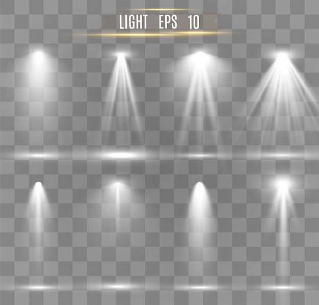 Colección de reflectores para iluminación escénica, efectos transparentes a la luz. Hermosa iluminación brillante con focos.