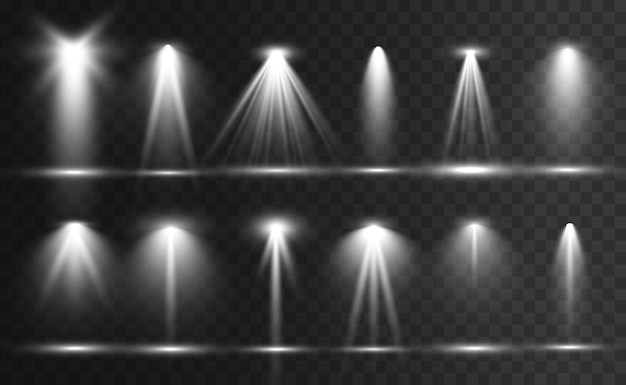 Colección de reflectores para iluminación escénica, efectos transparentes a la luz. Hermosa iluminación brillante