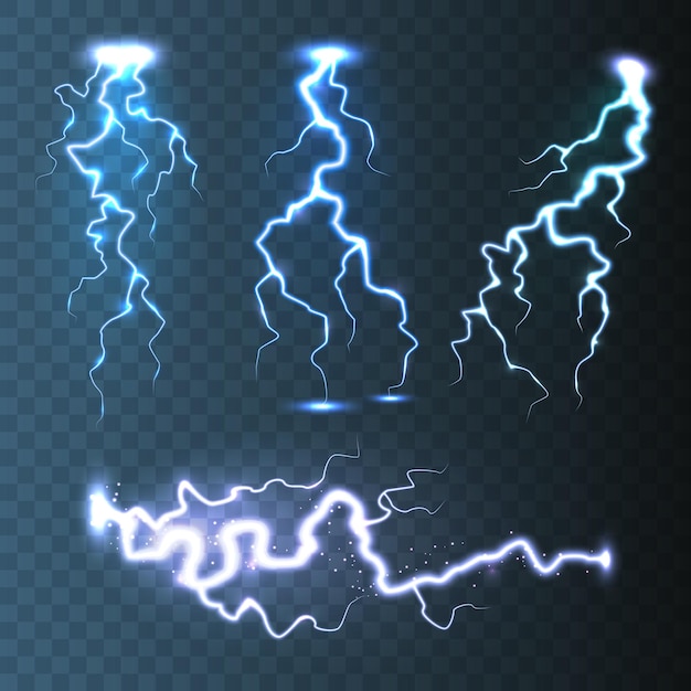 Colección de relámpagos realistas en el fondo azul transparente tormenta eléctrica y chispas de rayos