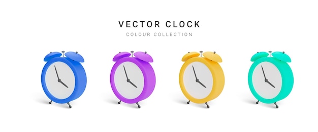 Colección de reloj despertador vintage de color con sombra aislada sobre fondo blanco ilustración vectorial