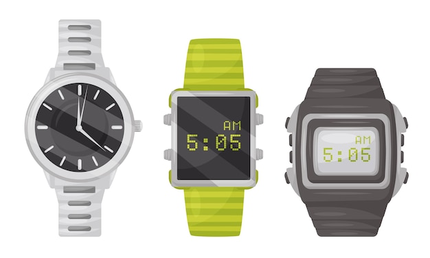 Colección de relojes de muñeca Relojes mecánicos y digitales Ilustración vectorial sobre fondo blanco
