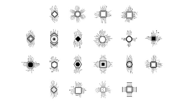 Colección de resumen Set Negro Línea sencilla CPU Tecnología informática Doodle Contorno Elemento Vector