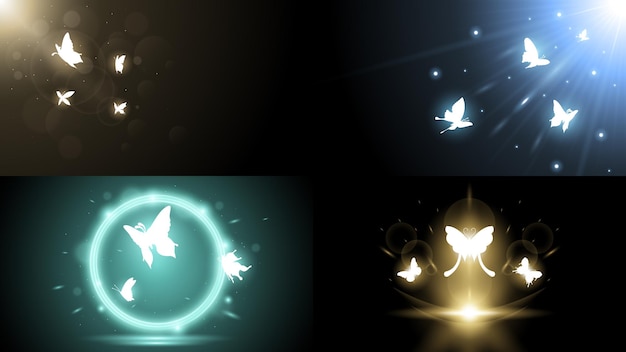 Colección de resúmenes con fondo oscuro con mariposas insectos brillan luz brillan destellos vectoriales