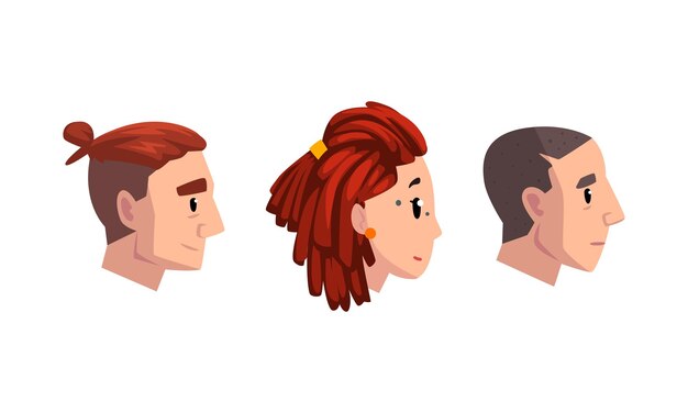 Colección de retratos de perfil de cabezas masculinas y femeninas Hombre y mujer con varios peinados Ilustración vectorial de dibujos animados