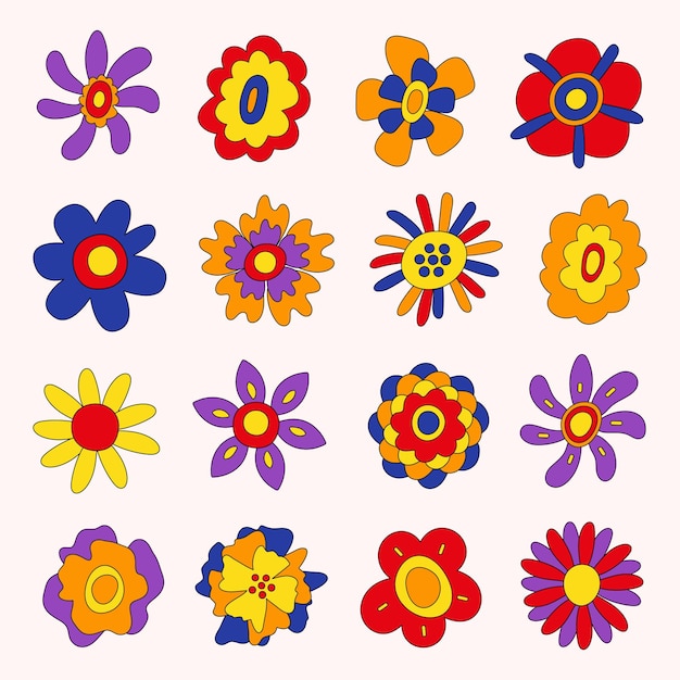Colección retro de coloridas flores hippie Diseño botánico maravilloso festivo vintage