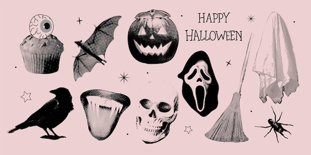 Colección retro de fotocopias de elementos de Halloween de medio tono para collages en una estética de moda Y2K