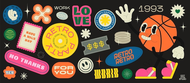 Colección retro groovy stickers para compras y empaques descuentos nueva colección Vector set