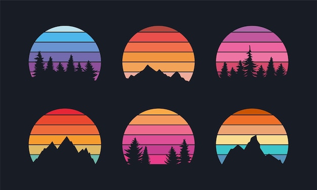 Colección retro puesta de sol para banner o impresión estilo años 80 con montañas y árboles forestales
