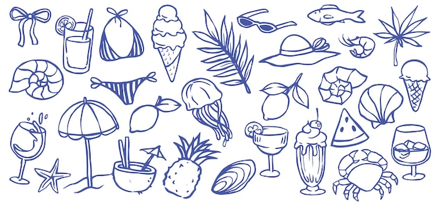 Colección retro sobre el tema de las vacaciones en el mar Ilustraciones de Doodle