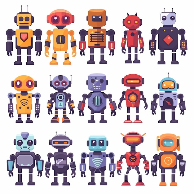 una colección de robots con diferentes caracteres, incluido uno que dice robot