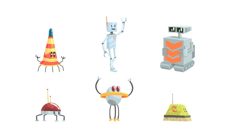 Vector colección de robots divertidos asistente de android trabajador de inteligencia artificial personajes de dibujos animados ilustración vectorial