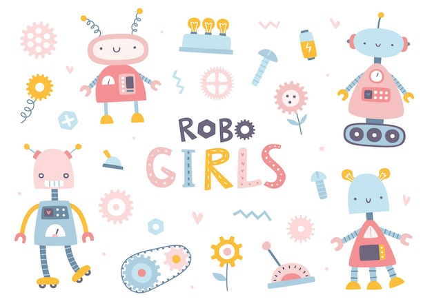 Vector colección de robots rosados de dibujos animados para niñas