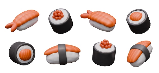 Colección de rollos y nigiri en estilo de dibujos animados en 3D Porciones apetitosas