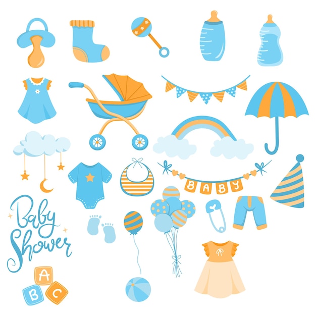 Una colección de ropa y accesorios para bebés, incluidos artículos para la ducha de bebés